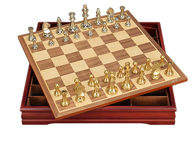 Elegant Chess Set with Metallic Finished Pieces and Box Storage